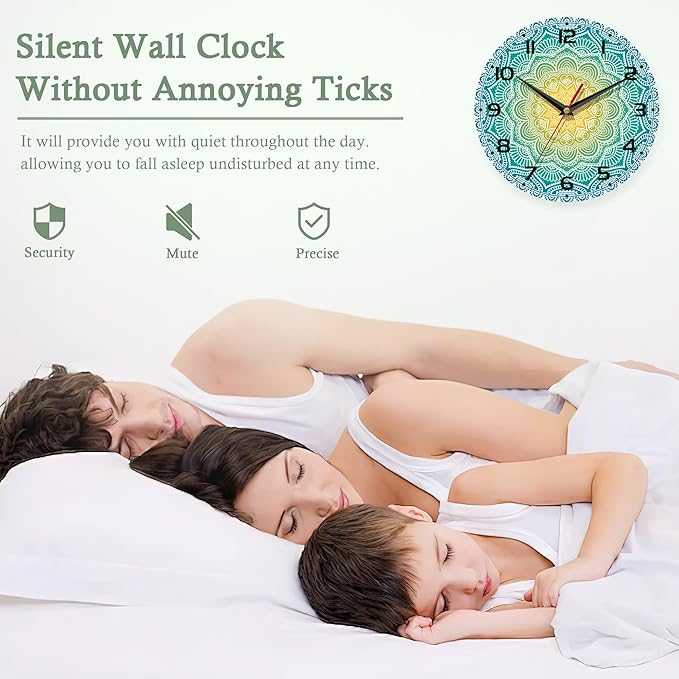 Wall Clocks Battery Operated,Blue Yellow Mandala Clock for Living Room,Decorative Wall Clock for Living Room, Bedroom, Bathroom and Kitchen,10 Inch
