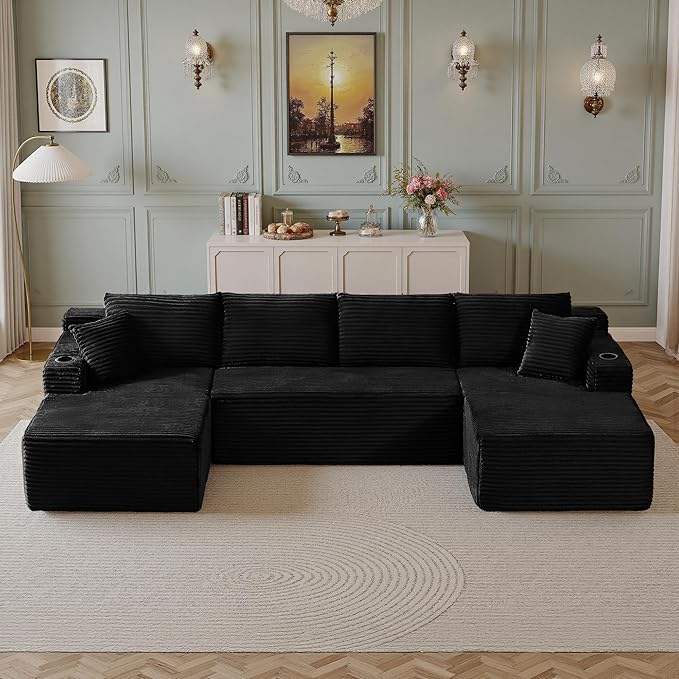 104''Sectional Cloud Couch with L Shaped Chaise,Modern Modular Sectional Sofa,Boneless Couch with Deep Seat,Comfy Couches for Living Room (Black, U Shaped)