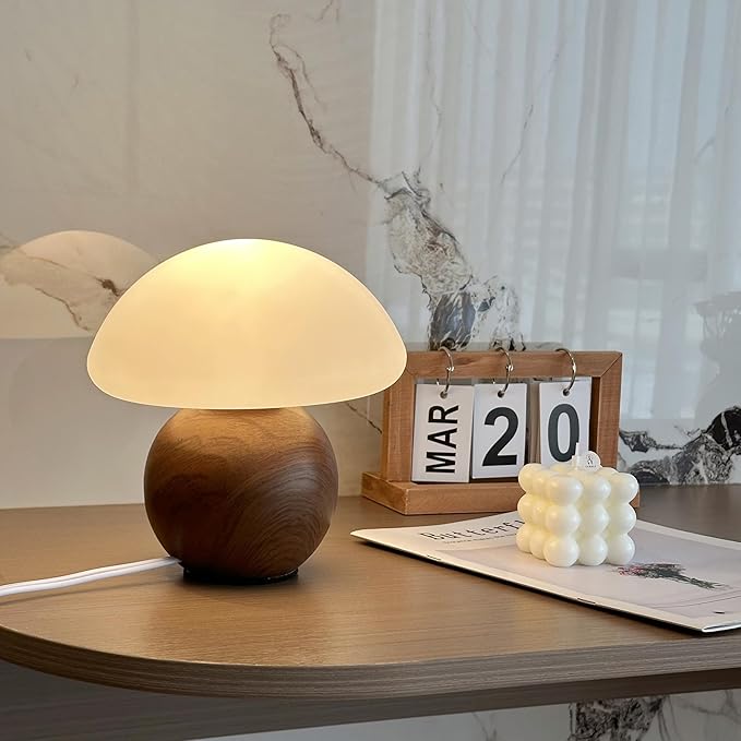 Mushroom Lamp Ceramic Base,WoodColour Cute 70s Mid Century Modern Decor Lamp for Bedroom,Small Abstract Table Bedside Glass Mood Coze Fun Warm Light