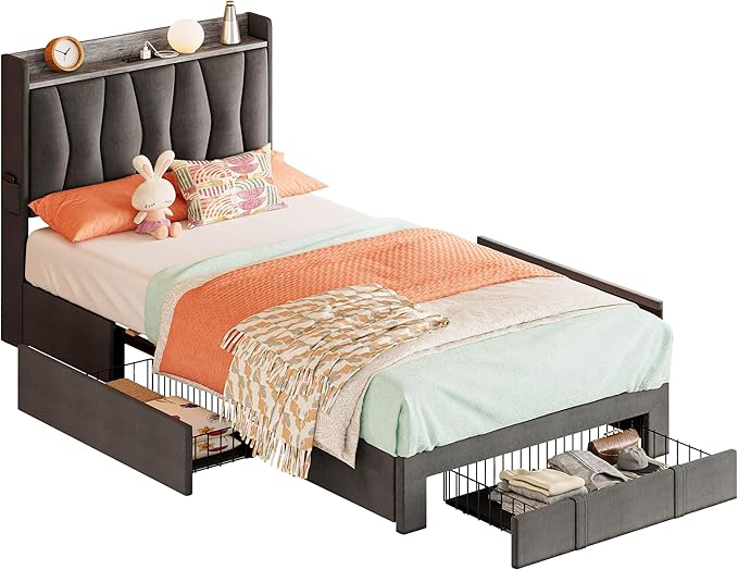 ANCTOR Twin XL Bed Frame with 3 Drawers, Upholstered Platform Bed with Storage Headboard and Charging Station, No Box Spring Needed, Easy Assembly, Grey