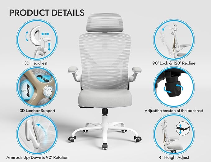 Ergonomic Office Chair - X-Shaped Computer Desk Chair Comfy, Gaming Chair, Office Chair with Lumbar Support, Mesh Office Chairs with Headrests, Desk Chair for Long Hours (Grey Gold)