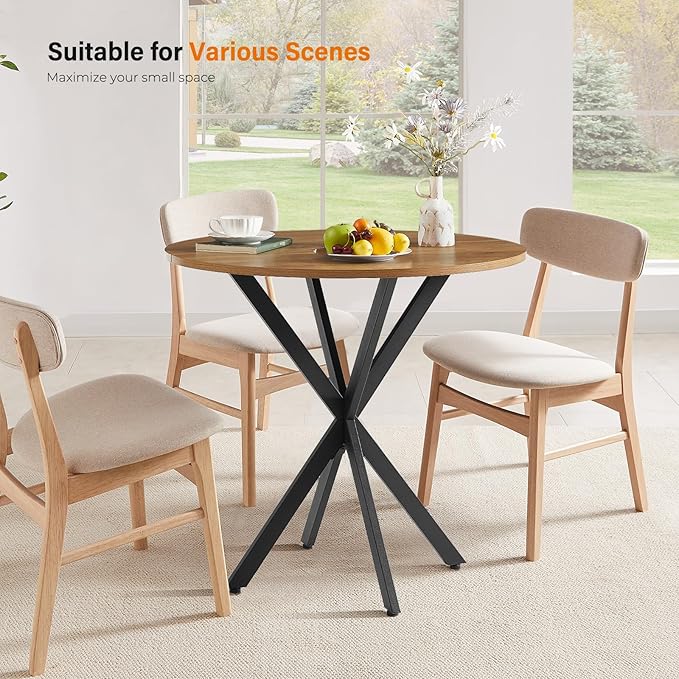 Unovivy 31.5" Small Round Dining Table for 2-4, Space Saving Circle Kitchen Dinner Table, Industrial Mid Century Modern Dining Room Desk for Kitchen, Apartment, Light Brown