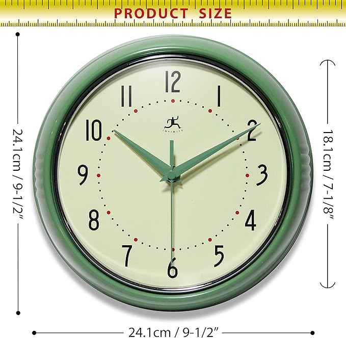 Infinity Instruments LTD. Retro 9 inch Silent Sweep Non-Ticking Mid Century Modern Kitchen Diner Wall Clock Quartz Movement Retro Wall Clock Decorative (Green)…