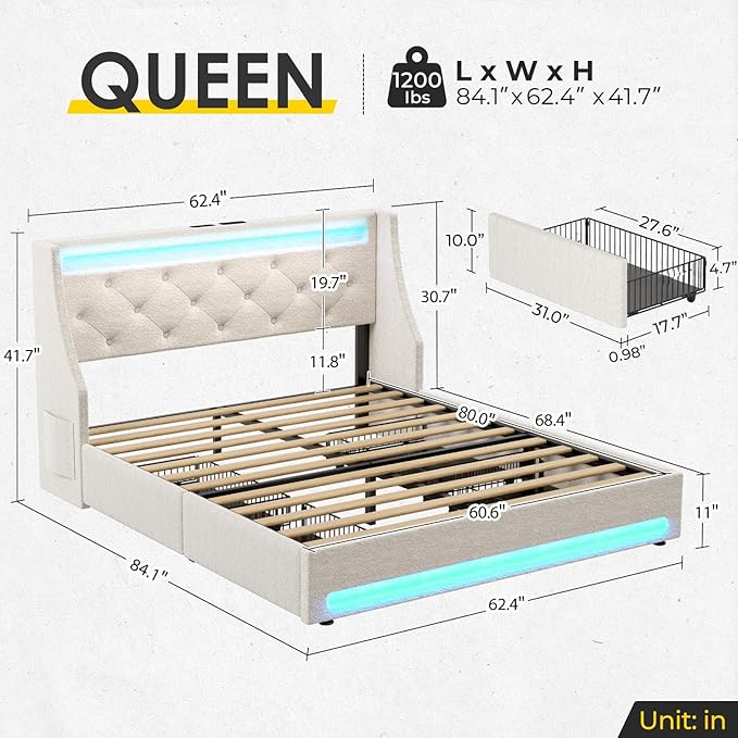 Rolanstar Queen Bed Frame with LED Lights and Charging Station, Upholstered Bed with Drawers, Wooden Slats, Noise Free, Easy Assembly, Beige