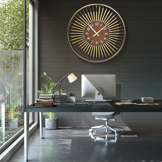 24 Inch Mid-Century Modern Wall Clock, Round Frame Metal Design with Walnut Wood Center, Silent Quartz Movement, Gold-Tone Accents – Decorative Wall Clock for Living Room, Bedroom, and Office
