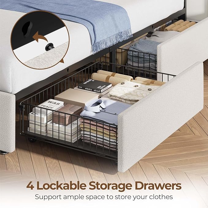 Rolanstar Twin Bed Frame with Charging Station and LED Lights, Upholstered Bed with Adjustable Headboard and 4 Storage Drawers, No Box Spring Needed, Easy Assembly, White