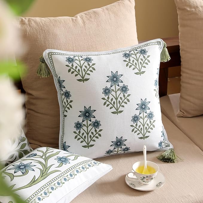 Design Fresh Linen Square Throw Pillow Covers 18"x18" Pack of 2, French White Cottage Cushion Covers with Blue Floral Branches Pattern Decor Pillowcases for Bed,Living Room,Outdoor,Car