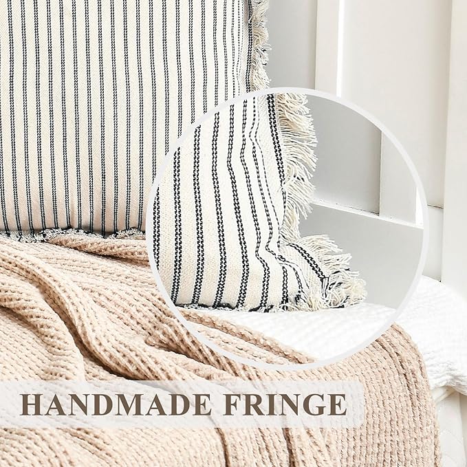 ZWJD Throw Fall Pillow Covers 22x22 Set of 2 Striped Pillow Covers with Fringe Chic Cotton Decorative Pillows Square Cushion Covers for Sofa Couch Bed Living Room Farmhouse Decor