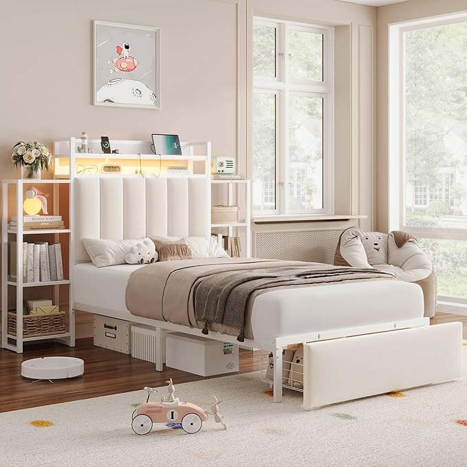 Keyluv Twin Bed Frame with Storage Headboard & Charging Station, Upholstered LED Platform Bed with Bedside Storage Rack & Drawer, Metal Slat Support, No Box Spring Needed, Velvet Fabric, White