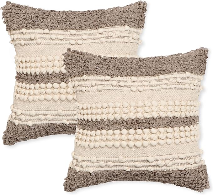 REDEARTH · Boho Textured Throw Pillow Cases - Woven Tufted Decorative Farmhouse Cushion Covers Set for Couch - Sofa - Bed - Chair - Dining - Patio - Outdoor - 100% Cotton (18x18; Natural) Pack of 2