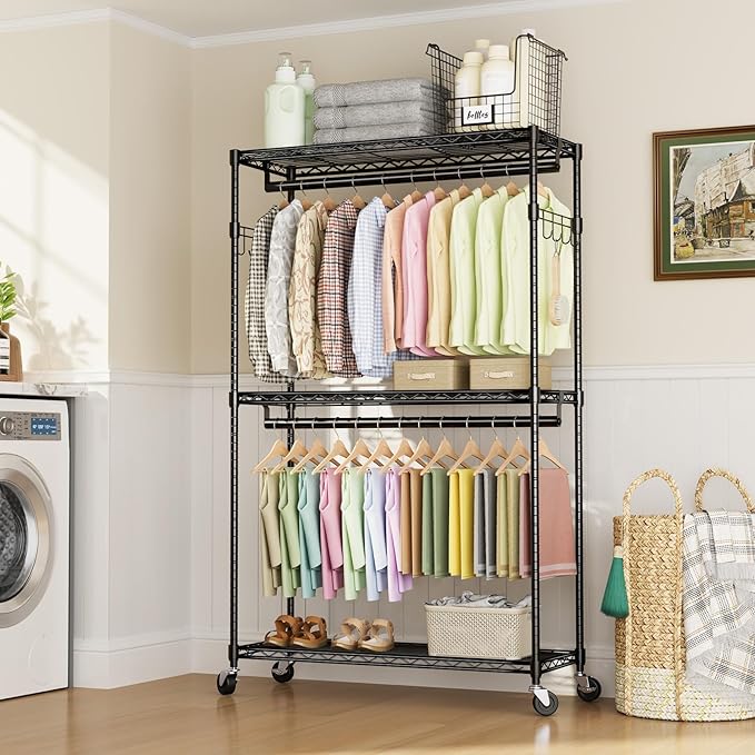 Sweetcrispy Rolling Clothes Rack, Heavy Duty Garment Racks 3 Tiers Portable Adjustable Wire Shelves with Wheels, Hanging Rods, Hooks Freestanding Clothing Wardrobe Closet (17.7"L x 47.2"W x 80.3"H)