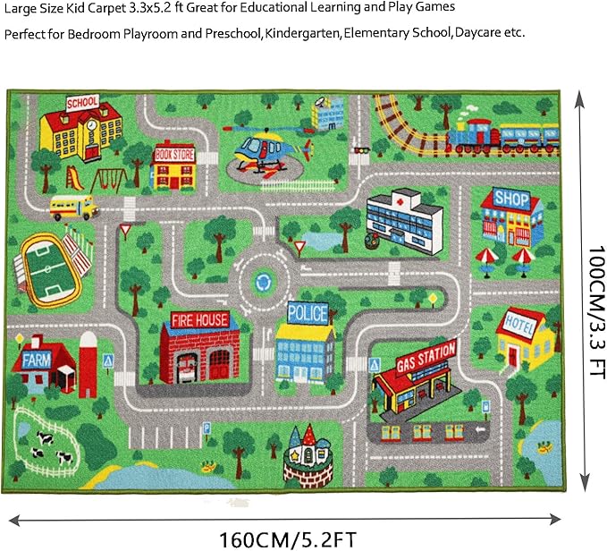 Yincimar Kids Play Rug for Playroom 5.2x3.3 ft Town City Road Map Car Mat Play Mat Educational Learning Carpet Area Rug for Boy Girl Toddler Bedroom Playroom