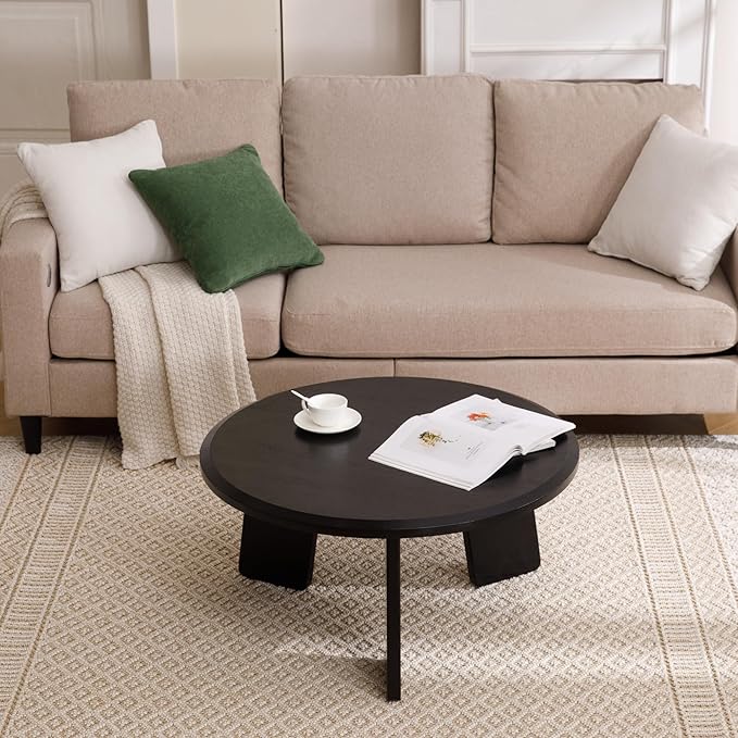 Modern Wood Coffee Table Small Desk Farmhouse Round Coffee Table Floor Table Couch Table Easy Assembly for Living Room/Office/Reception/Sofa Couch End, Black