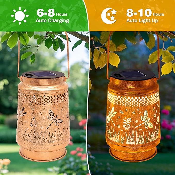 Dragonfly Solar Lanterns Outdoor Waterproof with Shepherd Hook, Birthday Gifts for Women Mom Grandma, Metal Solar Hanging Lights Garden Decor for Outside Yard Patio Pathway Backyard Porch
