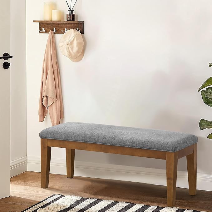HUIMO Upholstered Entryway Bench, Bedroom Bench with Solid Wooden Legs, End of Bed Bench with Padded Seat for Living Room, Bedroom, Corners, Kitchen (Grey)
