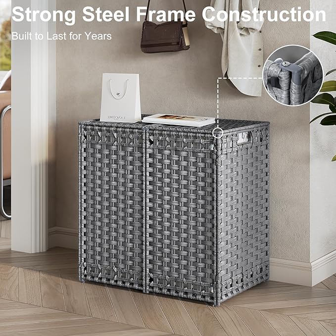 170L Foldable Laundry Hamper with Lid - Handwoven Rattan Storage Basket, 2-Section Clothes Hamper w/2 Removable Liner Bags, Easy Assembly, Portable for Bedroom Bathroom Dorm,Grey