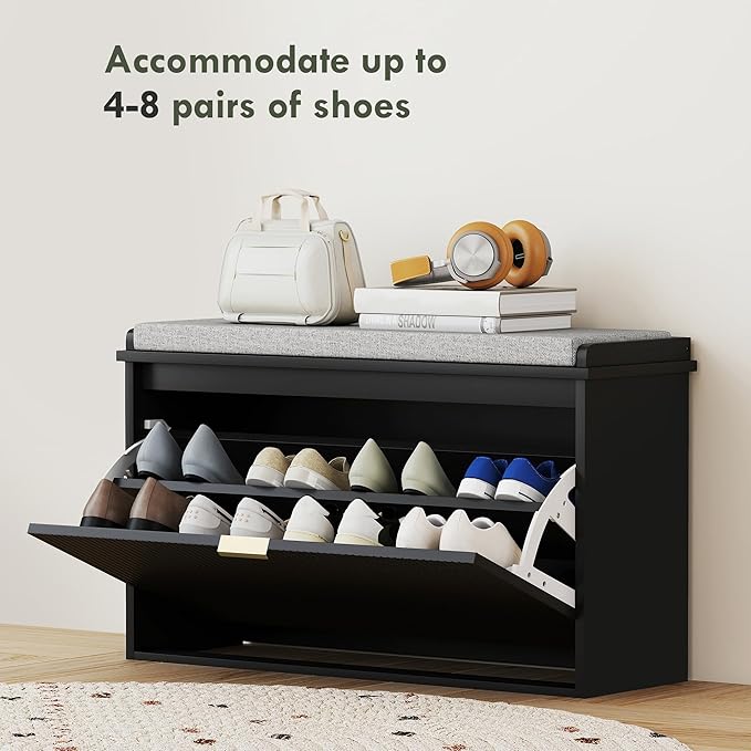 HOMCOM Narrow Shoe Bench with Padded Seat Cushion and Flip-Drawer, Small Entryway Bench Holds up to 265lb, Shoe Cabinet, 31.5x10.2x18.7 Inches, Black