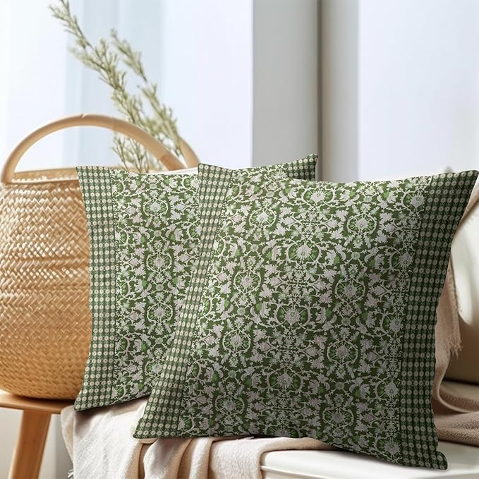 Kawani Green Antique Pillow Covers 16x16 Inch Vintage Floral Block Print Decorative Throw Pillows Set of 2 Retro Turkish Pillowcases for Couch Indoor Outdoor Home Decor