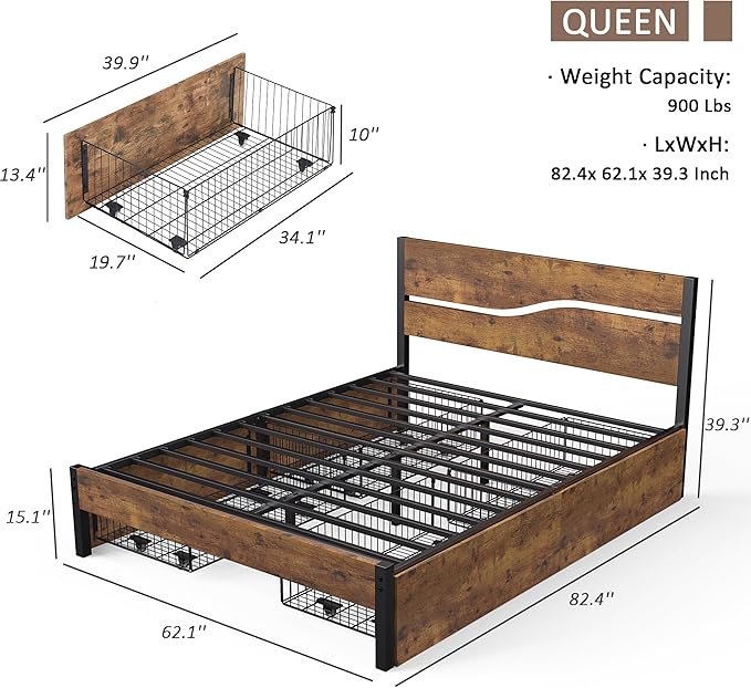 VECELO Queen Platform Bed Frame with 4 Drawers and Vintage Wood Headboard, Large Storage, Strong Metal Slats Support, No Box Spring Needed, Rustic Brown