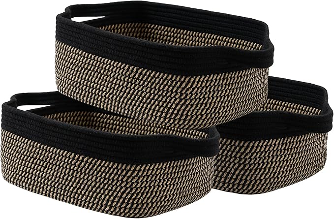 KALLAX Small Woven Basket, 14 x 10 x 5.6 Inches, Small Storage Baskets for Organizing, Gift Baskets Empty, Cute Rope Shelf Closet Storage Bins for Shelves, Dog Toy Basket, Black & Brown