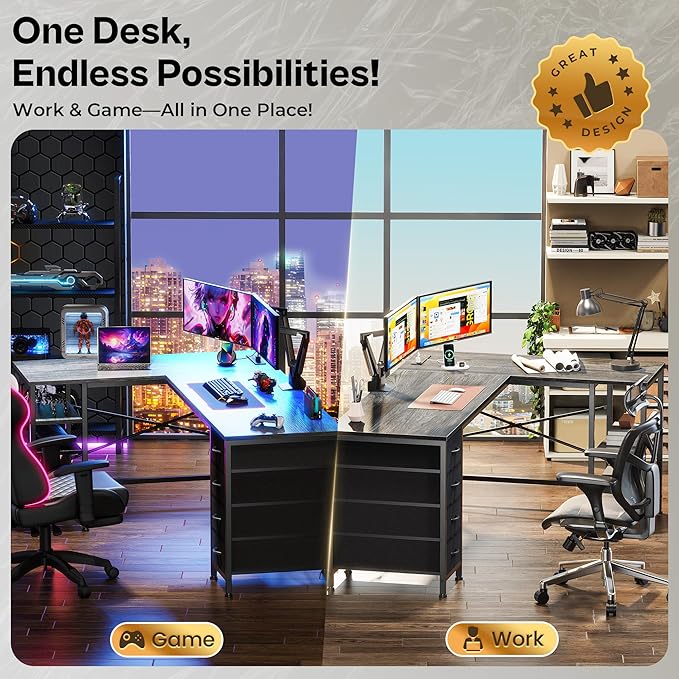 Huuger 55 Inch L Shaped Desk with Fabric Drawers, Reversible Computer Gaming Desk with Power Outlets and USB-C Port, Adjustable Side Storage Shelves, for Work Study Corner Home Office, Grey