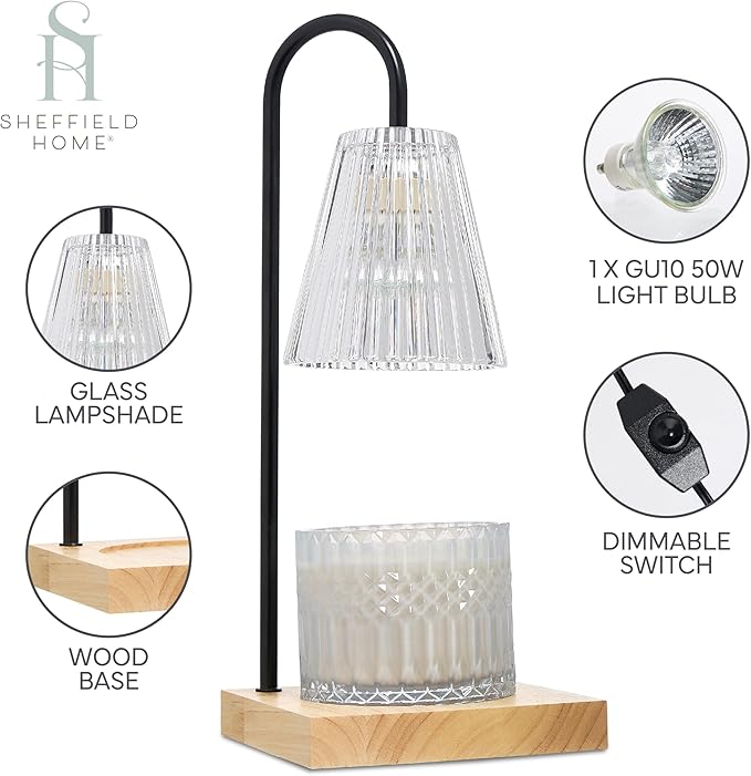 Sheffield Home Glass Candle Warmer Lamp – Elegant Candle Warmer for Long-Lasting Fragrance, Sleek Design, 14x6, Black Ribbed Glass