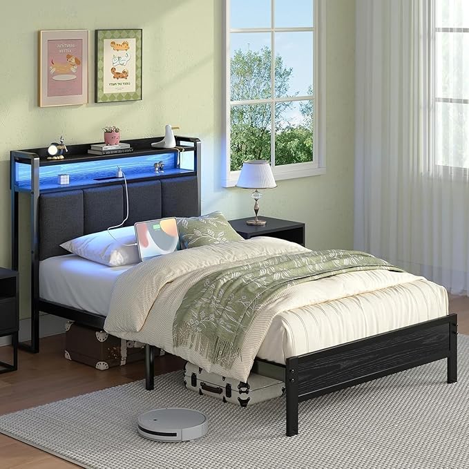 Twin Bed Frame with LED Lights and Charging Station, Metal Platform Bed Frame Twin with Upholstered Storage Headboard, Heavy Duty Metal Slats, No Box Spring Needed, Easy Assembly, Dark Grey