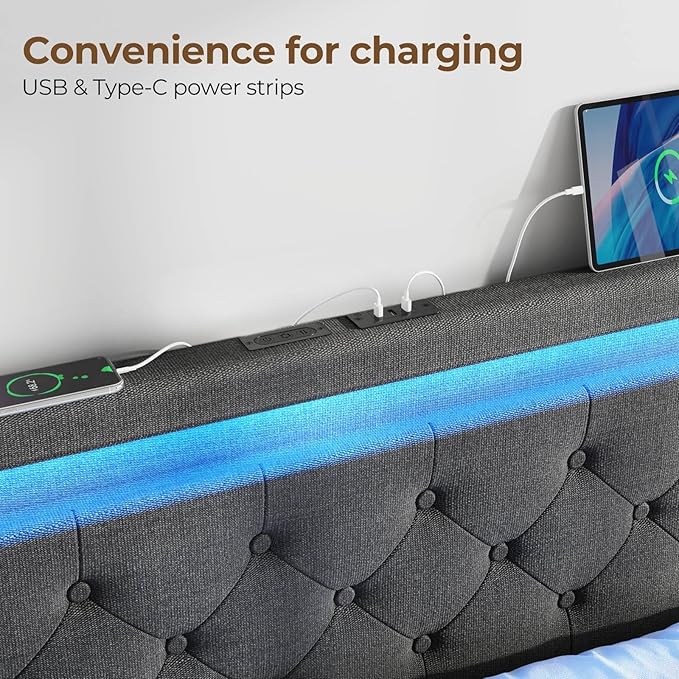 Rolanstar Queen Bed Frame with LED Lights and Charging Station, Upholstered Bed with Drawers, Wooden Slats, Noise Free, Easy Assembly, Dark Gray