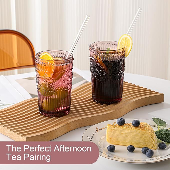 Vintage Glassware Drinking Glasses Set of 6,13 oz Purple Textured Flower Design Glass Water Tumblers,Embossed Striped Drinkware for Water,Cocktails,Juice,Iced Coffee