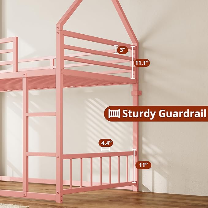 LIKIMIO Bunk Bed Twin Over Twin, House Bunk Bed Frame with Ladder and Guardrail, House Shaped with Metal Slats for Dormitory and Bedroom, Space Saving, No Box Spring Needed, Pink
