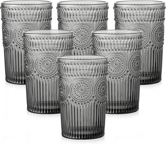 Vintage Glassware Drinking Glasses Set of 6,13 oz Grey Textured Flower Design Glass Water Tumblers,Embossed Striped Drinkware for Water,Cocktails,Juice,Iced Coffee