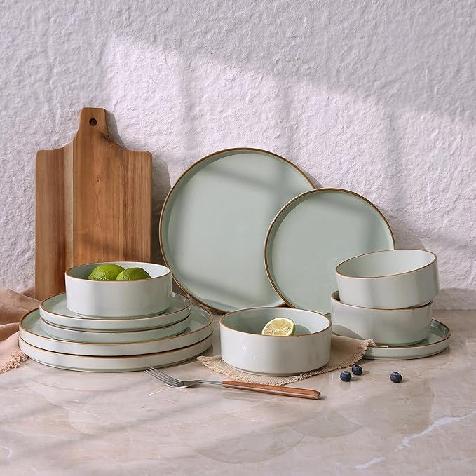 Famiware Nebula Plates and Bowls Sets for 4, 12 Pieces Stoneware Dinnerware Set, Microwave and Dishwasher Safe Dishes Set, Light Green with Brown Rim