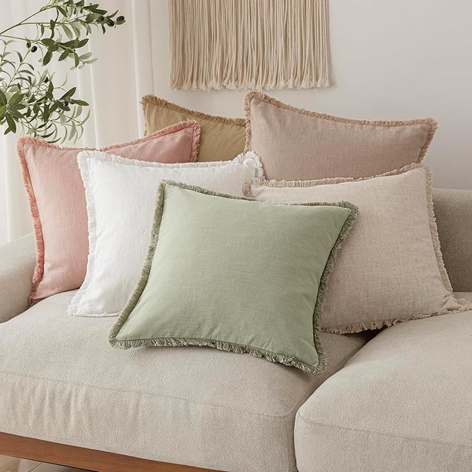 Foindtower Set of 2 Decorative Linen Fringe Throw Pillow Covers Boho Farmhouse Cushion Cover with Tassels Soft Accent Pillowcase for Couch Sofa Bed Living Room Home Decor,22×22 Inch,Light Sage Green
