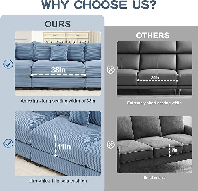 KEIKI 117" L-Shaped Oversized Corduroy Modular Cloud Sectional Sofa with High-Density Foam Cushion, Extra-Thick Armrest, Convertible 4-Seater Fluffy Corner Couch with 14 Pillow, for Living Room, Blue