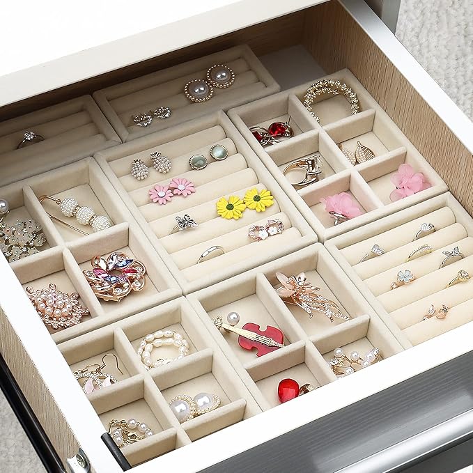 DesignSter Small Jewelry Tray-Ring Organizer 2PCS Premium Velvet Rings Earrings Display Tray Storage Insert Holder for Jewelry Box, Drawer, Dresser (6 Grids, Beige)