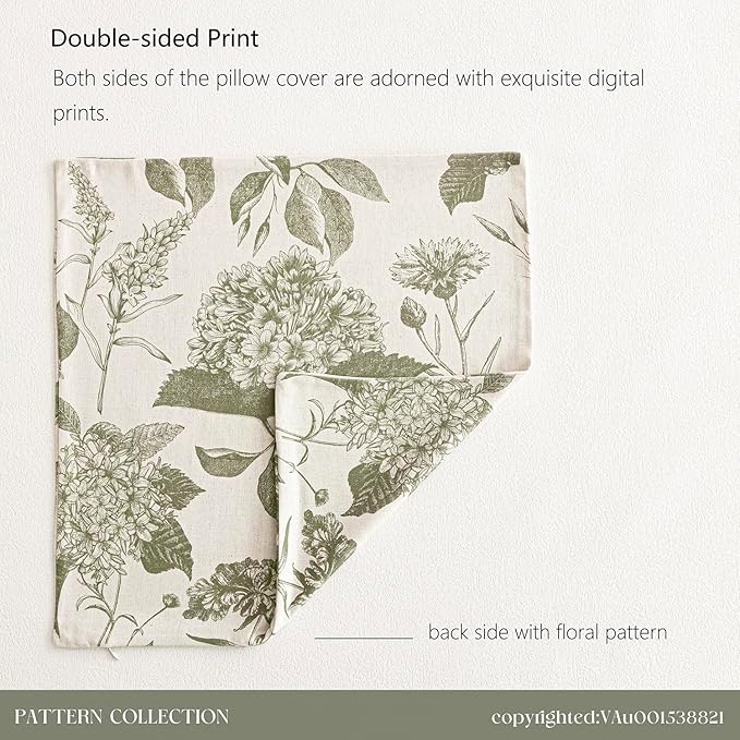 Foindtower Set of 2 Linen Floral Vintage Throw Pillow Covers Neutral Accent Print Decorative Cushion Covers Farmhouse Home Decor for Sofa Chair Couch Bedroom Living Room Outdoor,18×18 Inch,Sage Green