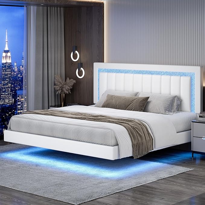 HOMBCK Floating Bed Frame King with Smart LED Lights, Faux Leather Upholstered Bed with Diamond PU Headboard, No Box Spring Needed, Noise-Free, Easy Assembly, White