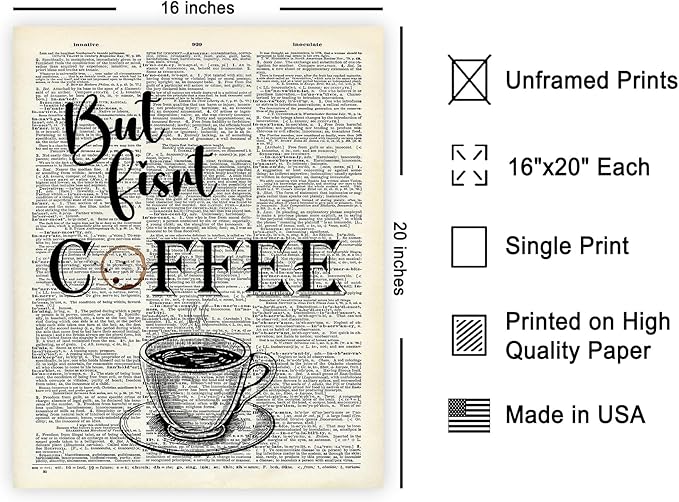 Poster Master Dictionary Art Poster - But First Coffee Print - Cafe Art - Gift for Men, Women, Coffee Lovers & Barista - Funny Decor for Kitchen, Restaurant or Dining Room - 16x20 UNFRAMED Wall Art