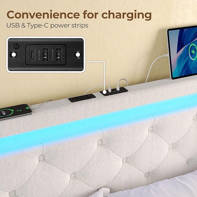 Rolanstar Queen Bed Frame with LED Lights and Charging Station, Upholstered Bed with Drawers, Wooden Slats, Noise Free, Easy Assembly, Beige