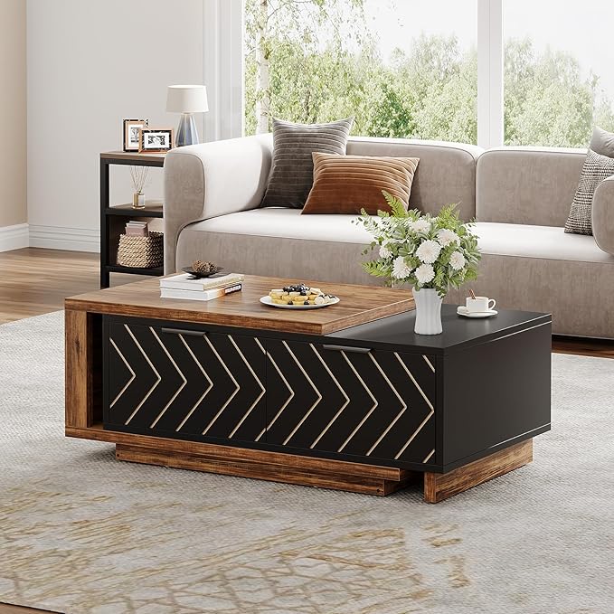 Tribesigns Extendable Coffee Table with 2 Storage Drawers, Dual-Tone Center Table with Sliding Tabletop, Multi-Functional Hidden Storage Wooden Rectangle Cocktail Table for Living Room (Brown & Black)