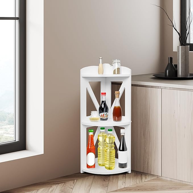 Corner Shelf Stand, Corner Bookshelf, Small Corner Shelves by Natural Wood, Plant Stand, Corner Bookcase for Living Room, Home Office, Bedroom, (White, 3 Tier)