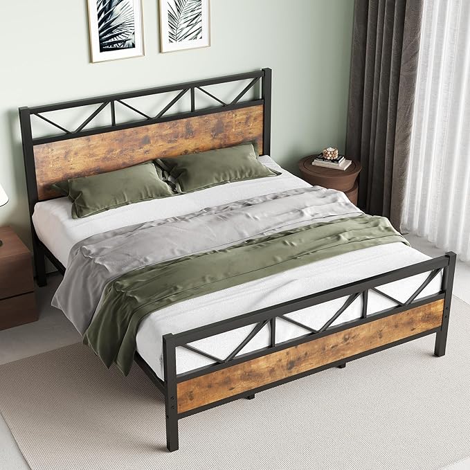 King Size Bed Frame, King Bed Frame and 51.2" Tall Industrial Headboard, King Platform Bed Frame with Strong Steel Slats Support, Noise Free, No Box Spring Needed, Easy Assembly, Rustic Brown