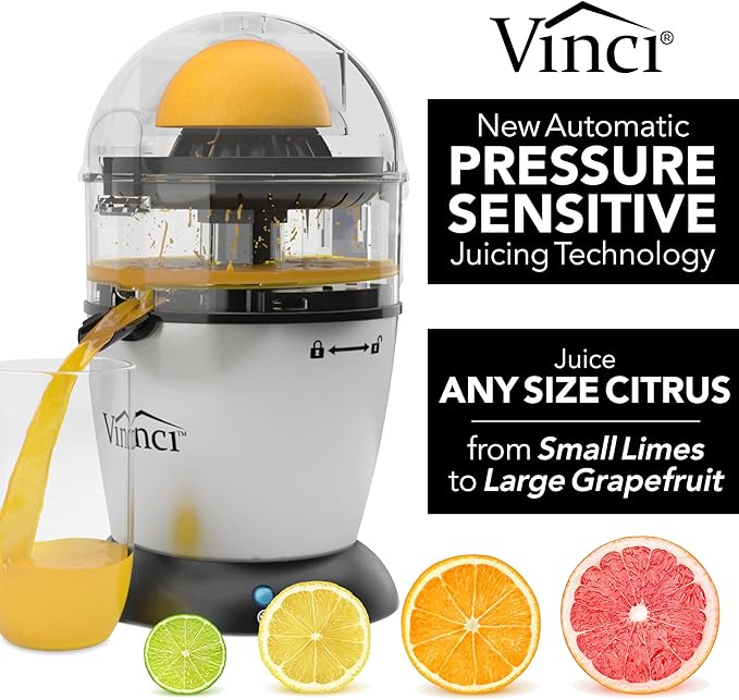 Vinci Hands Free Electric Citrus Juicer, 1-Button Juicer Machine, Orange Lime Grapefruit Lemon Squeezer, Easy to Clean Orange Juicer Squeezer, Black/Stainless Steel