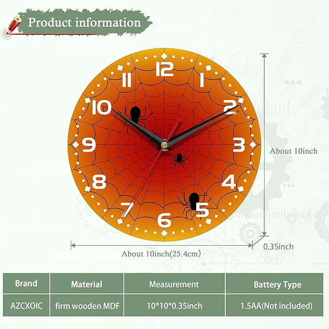 Wall Clock,Orange Spider Web Wall Clocks Wooden Art Hanging Clock Silent Non-Ticking Wall Clocks Battery Operated Round Home Arabic Numeral 10 Inch