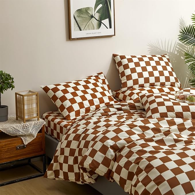Pumpkin White Checkered Comforter Queen Set Brown Checkered Bedding Set Soft Cozy Checker Comforter Set Queen Size 3Pcs All-Season Comforter Women Men