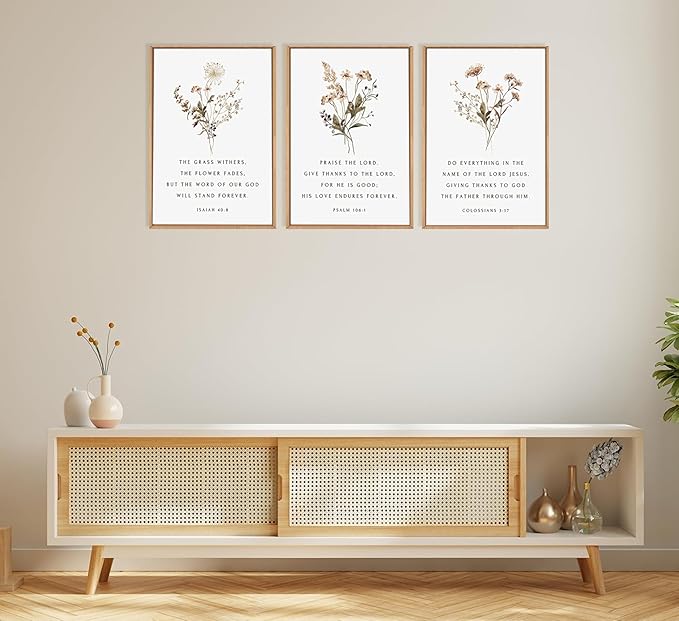 Framed Wildflower Bible Floral Canvas Wall Art Christian Verses Floral Paintings Pictures Decor Botanical Scripture Room Posters Prints for Bedroom Living Room Office Christian Scene Home Decorate