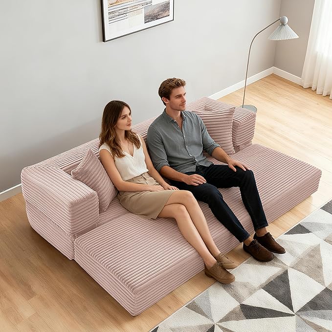 Sectional Boneless Couch Convertible Sofa Bed, 78'' Modular Sectional Sleeper Sofa with Removable Armrests & 3 Pillows, Small Floor Couch No Assembly Needed for Living Room, Office, Bedroom, Pink