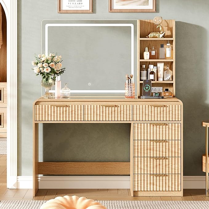 47“Makeup Vanity Desk with Mirror and Lights, Vanity Desk with 7 Drawers & Storage Shelves, Vanity Table with Power Outlet, 3 Color Modes & Adjustable Brightness Dressing Table, Bedroom,Wood