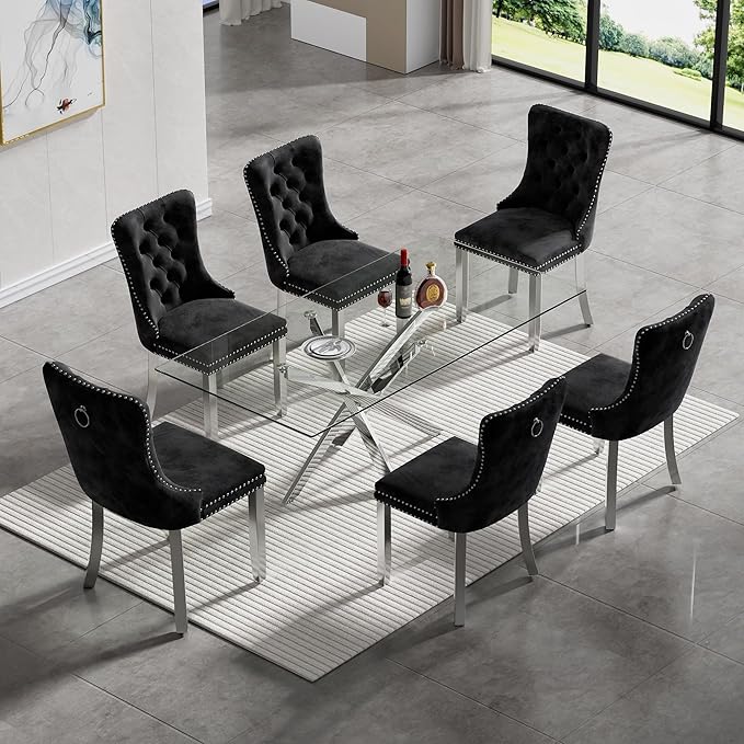 51-Inch Glass Dining Room Table for 4-6 People, Modern Rectangular Kitchen Dining Table with Silver Cross-Shape Stainless Steel Legs for Apartment Kitchen Dining Room