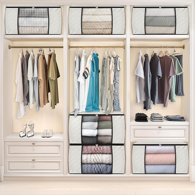 Fab totes 6 Pack Clothes Storage, Foldable Thick Fabric Blanket Storage Bags, Containers for Organizing Bedroom, Closet, Clothing, Comforter,Organization with Handle,Ivory White